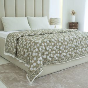 Beige Floral Block Print Cotton Reversible Quilt - Rajat Design
