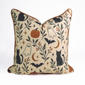 Black Cat & Ghost Cream Piped Cushion Cover - Spooky Halloween