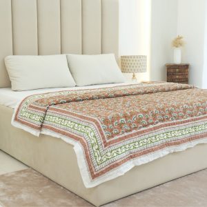 Block Print Floral Border Decorative Cotton Quilt - Rajanigandha