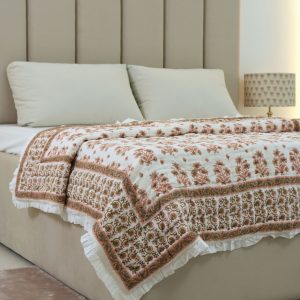 Block Print Peach Floral Sadabahar Cotton Quilt for Bedroom
