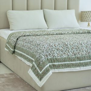 Block Print Sage Green Floral Cotton Reversible Quilt - Gopi