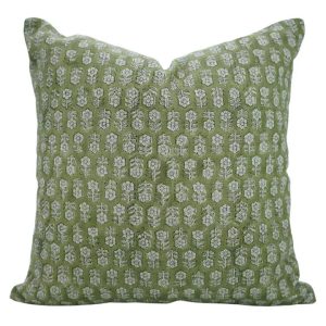 Indian Print Linen Pillow Cover - Olive Green Tulsi Buti