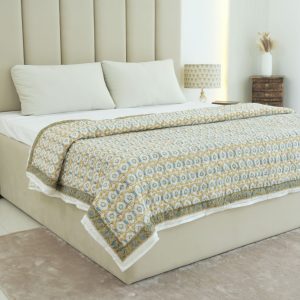 Jhrokha Hand Block Print Cotton Reversible Quilt in Mustard