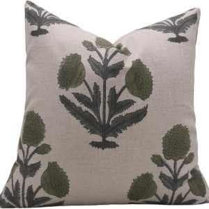 Olive Floral Block Print Pure Linen Cushion Cover - Badshah