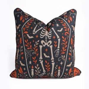 Skeleton Halloween Charcoal Viscose Linen Piping Cushion Cover