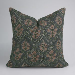 Vishalpushp Tan & Olive Trellis Block Print Cushion Forest Linen